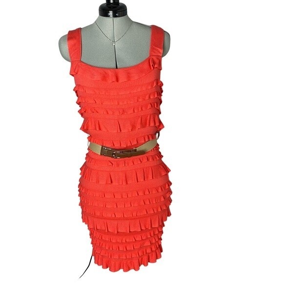 Beautiful Red Orange Midi Dress Sleeveless Tiered Bodycon Size 6 - Picture 1 of 8